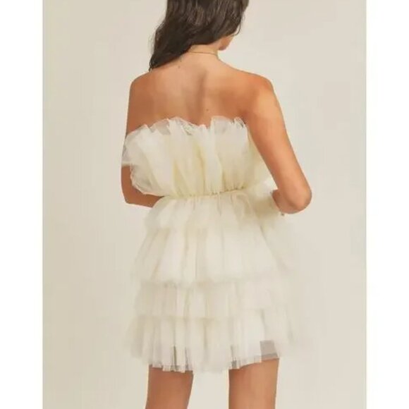 MABLE Women's Cream Strapless Tulle Tiered Ruffle Mini Dress S - Picture 3 of 8